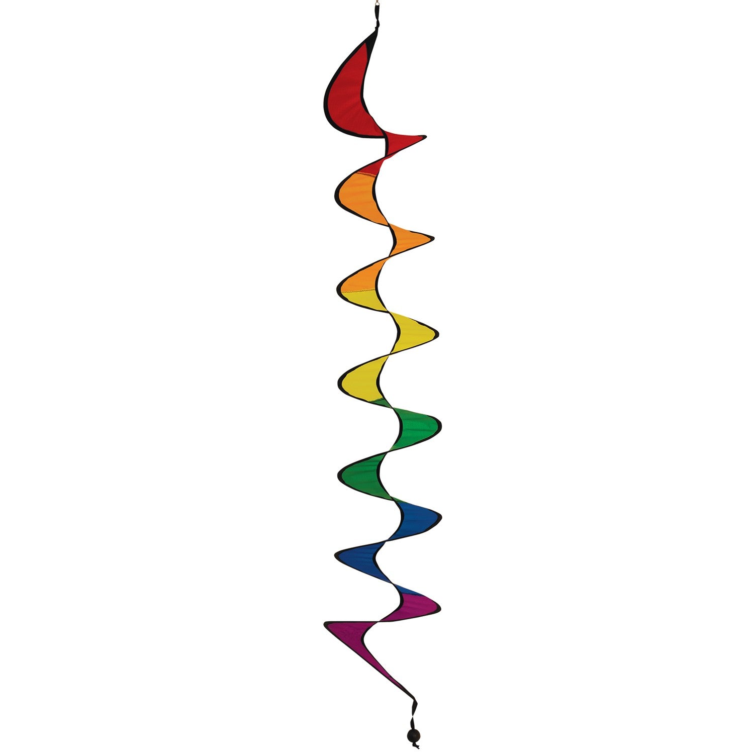 Vibrant 48-inch Rainbow Curlie fluttering in the wind, showcasing bold colors and dynamic movement against a clear sky.
