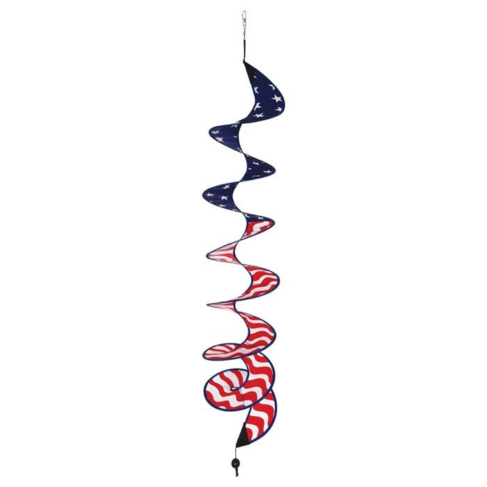 48-inch Stars and Stripes Curlie featuring red, white, and blue graphic dancing in the breeze as a decorative outdoor hanging piece.