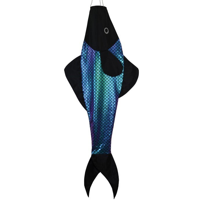Whimsical Color-Changing Fishsock measuring 48 inches, showcasing reflective fish scale fabric, hanging outdoors in a garden setting.