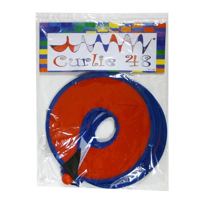 48-inch Red, White, and Blue Curlie hanging outdoors, swirling with the breeze, showcasing its vivid colors and patriotic design.