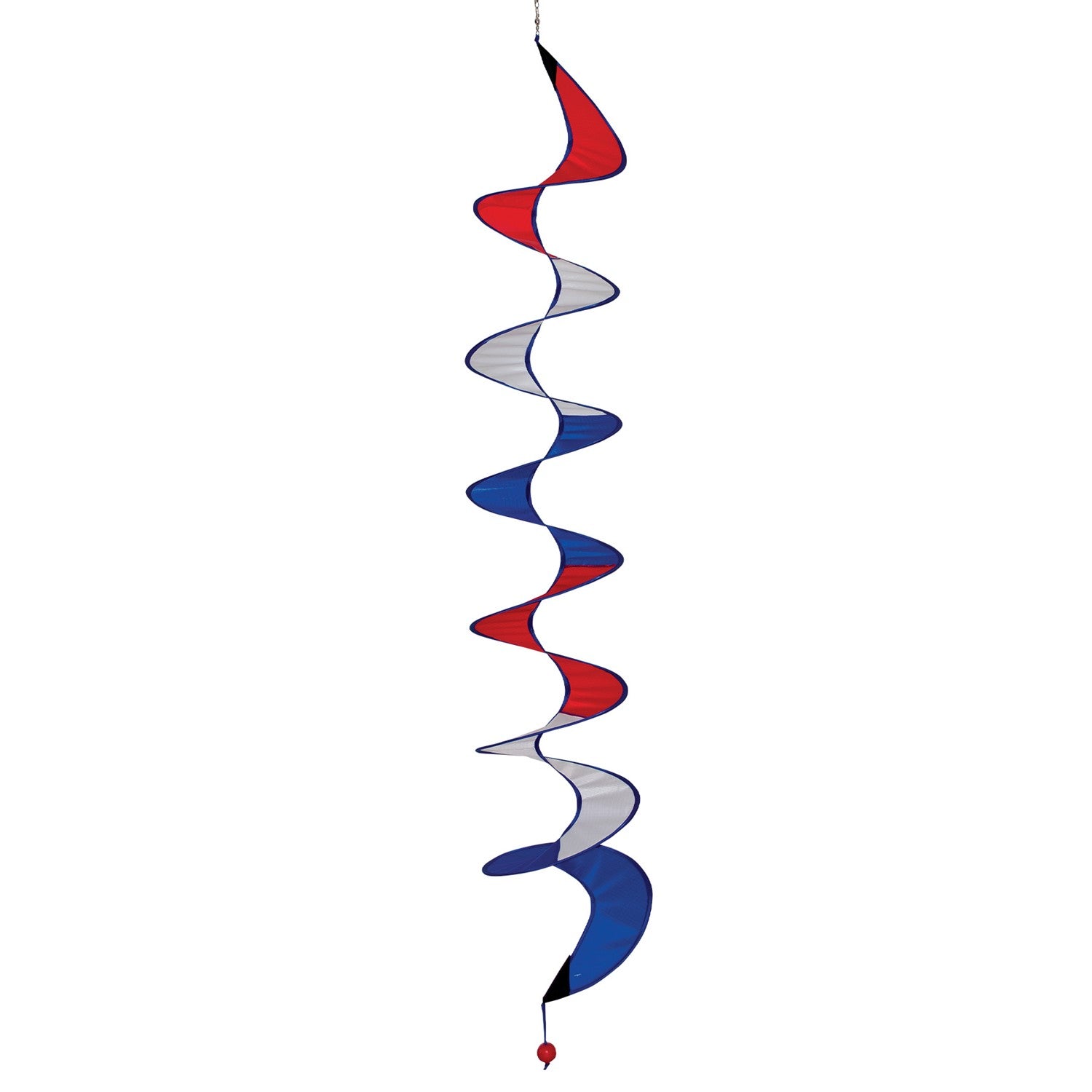 48-inch Red, White, and Blue Curlie hanging outdoors, swirling with the breeze, showcasing its vivid colors and patriotic design.