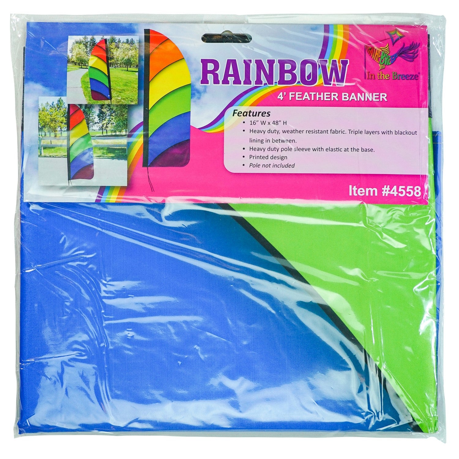 4' Heavy Duty Rainbow Double Sided Feather Banner displaying a vibrant rainbow gradient design outdoors, perfect for business promotions.