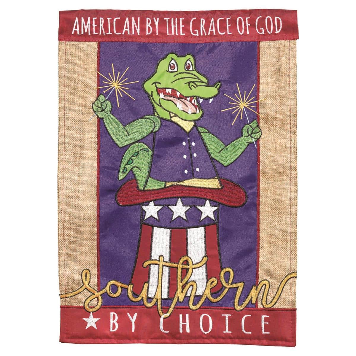 4th of July alligator double applique burlap garden flag 13x18 with stars, stripes, and fireworks displayed outdoors on a standard garden stand