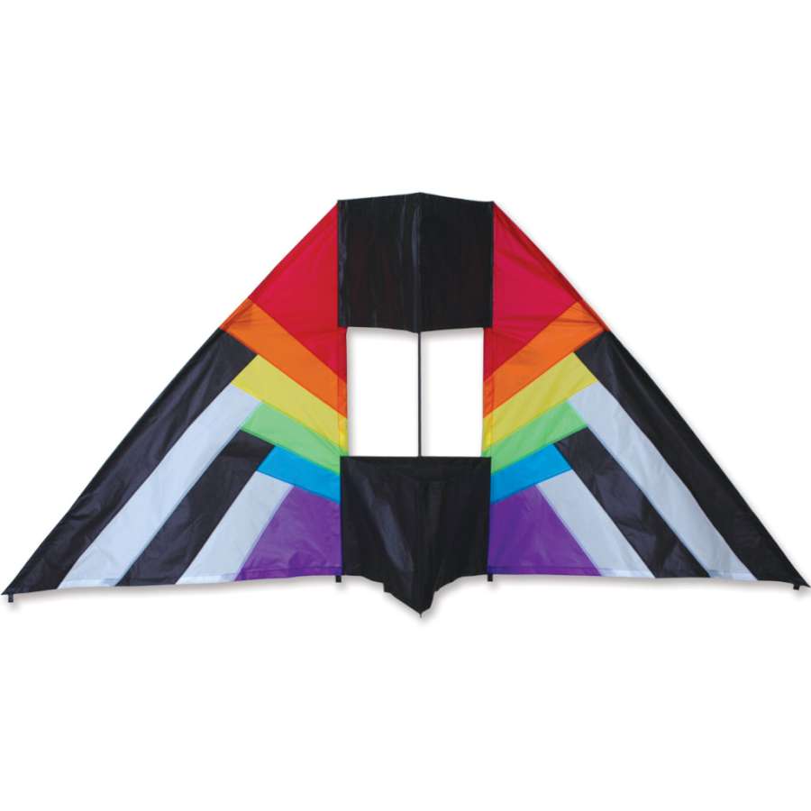 5.5 ft. Box Delta Kite in Rainbow Spectrum design soaring in a blue sky, showcasing its vibrant colors and sturdy construction.