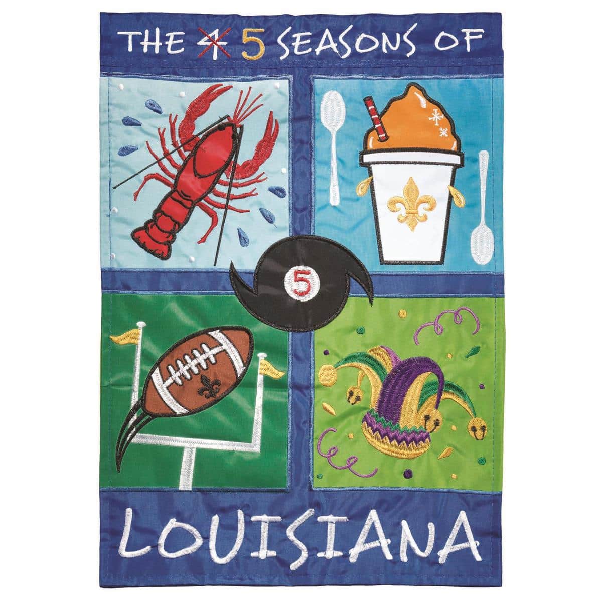 5 Season Louisiana 29x42 house banner flag, LA-Everyday double applique design with layered fabrics and embroidery, flying on a front porch in afternoon light.