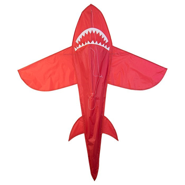 5' 3D Red Shark Kite showcasing its dynamic 3D design, with tooth-lined jaws and tail, flying gracefully against a clear blue sky.