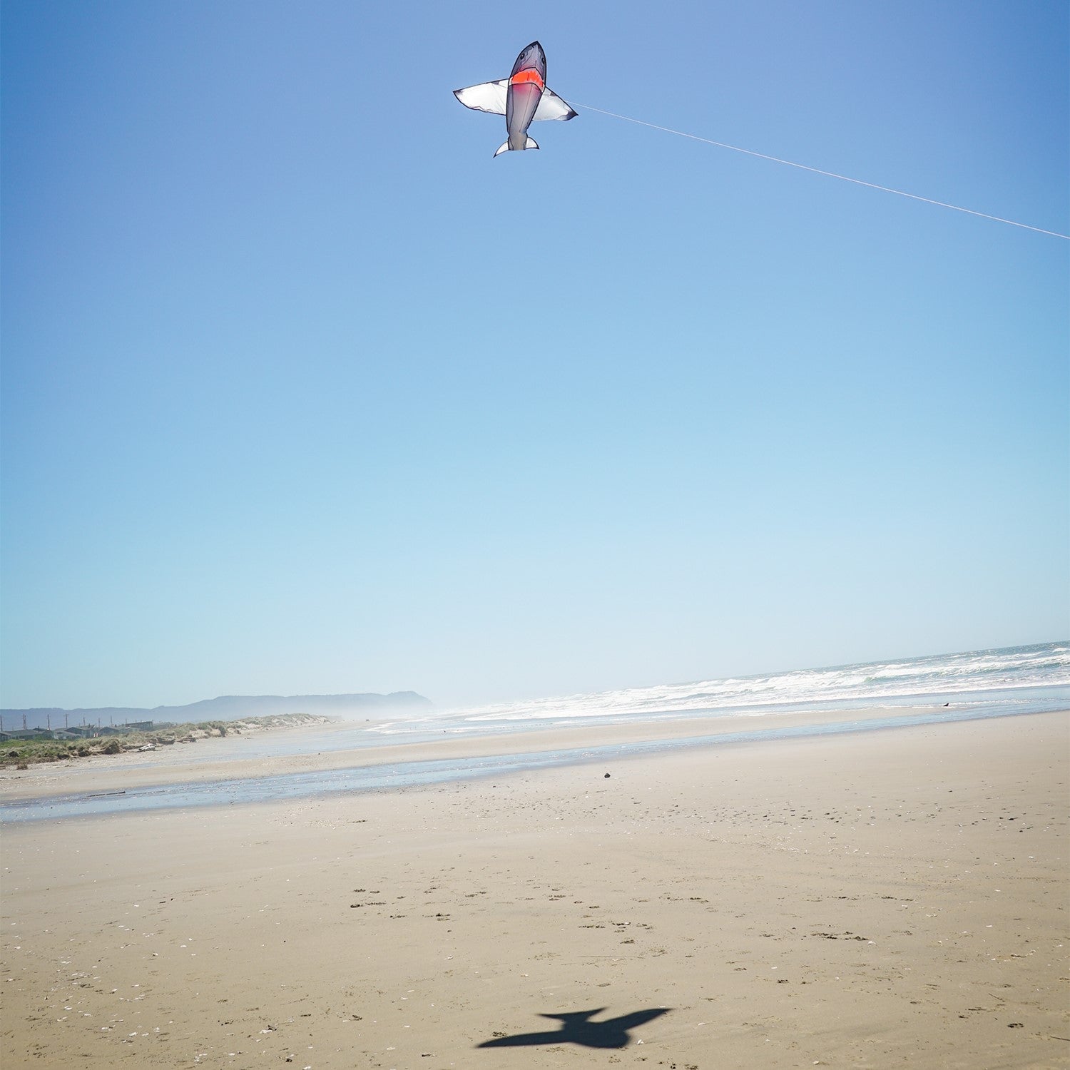 5' Realistic Shark Kite gliding through the sky, showcasing its 3D appearance and toothy grin, perfect for outdoor activities.