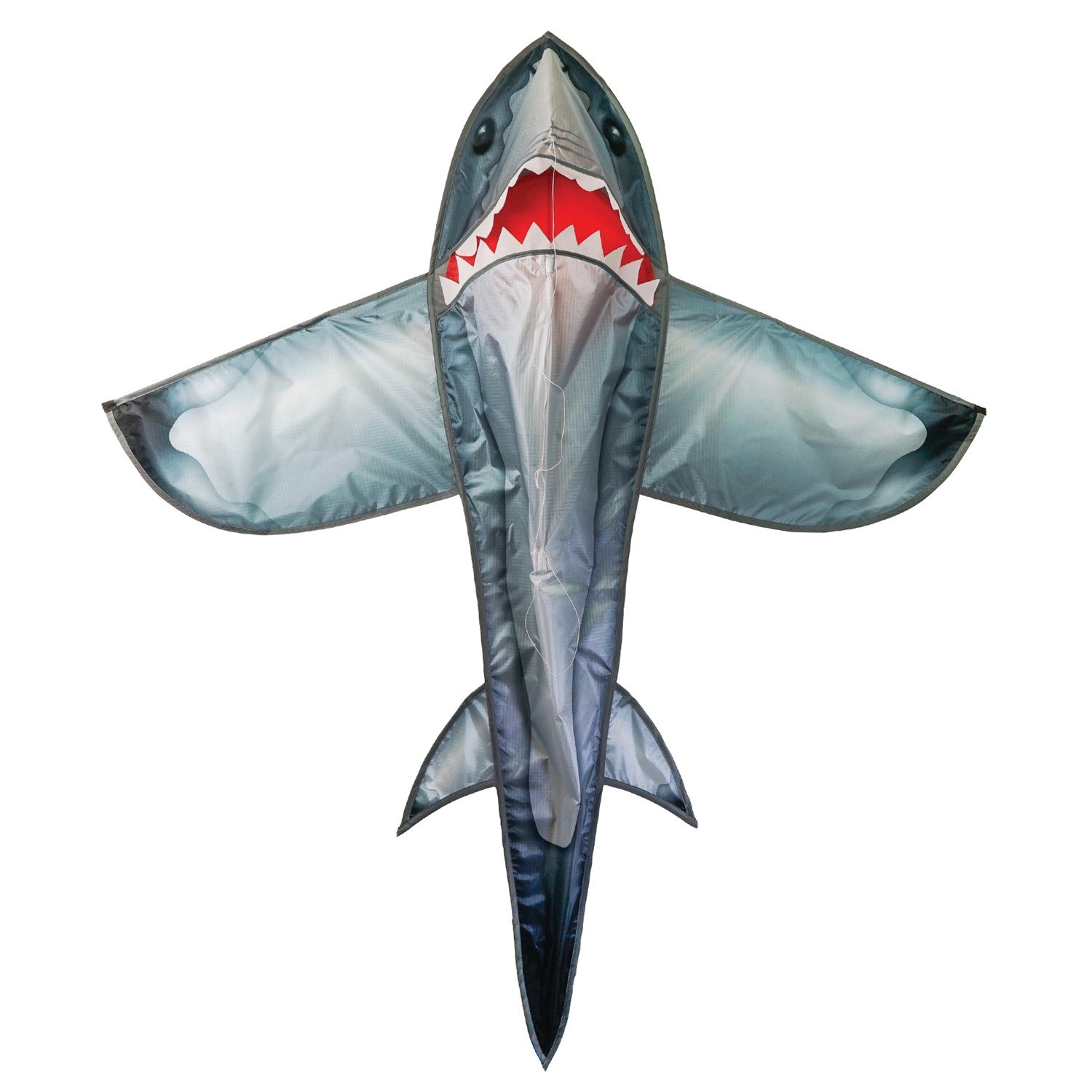 5' Realistic Shark Kite gliding through the sky, showcasing its 3D appearance and toothy grin, perfect for outdoor activities.