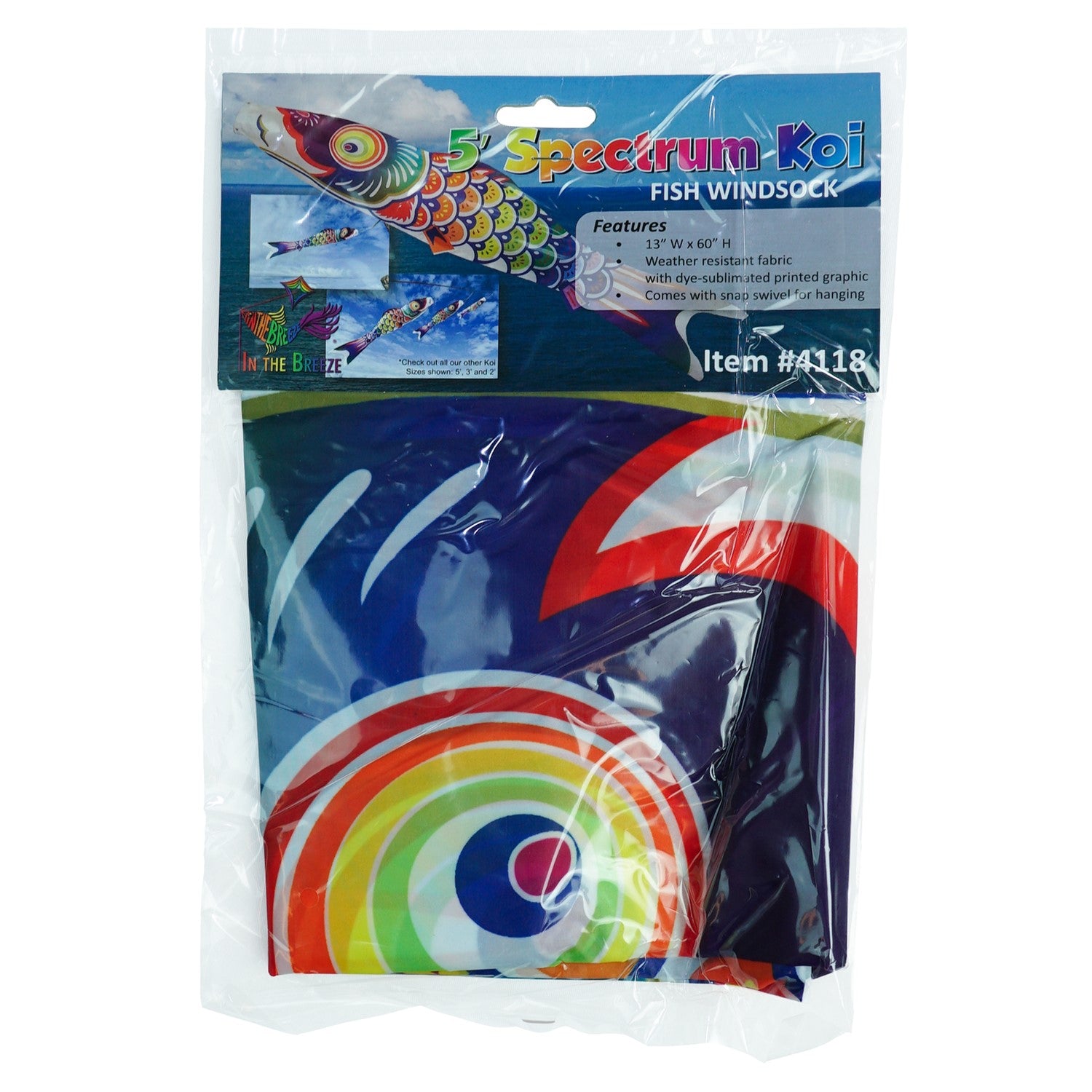 5' Spectrum Koi Fishsock showcasing a colorful koi design, hanging in a garden setting, gently waving in the breeze.