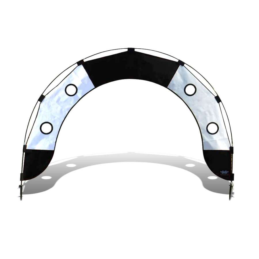 5 ft. Arch FPV Racing Air Gate in black and white, featuring durable fabric and fiberglass frame, set up for drone racing display outdoors.