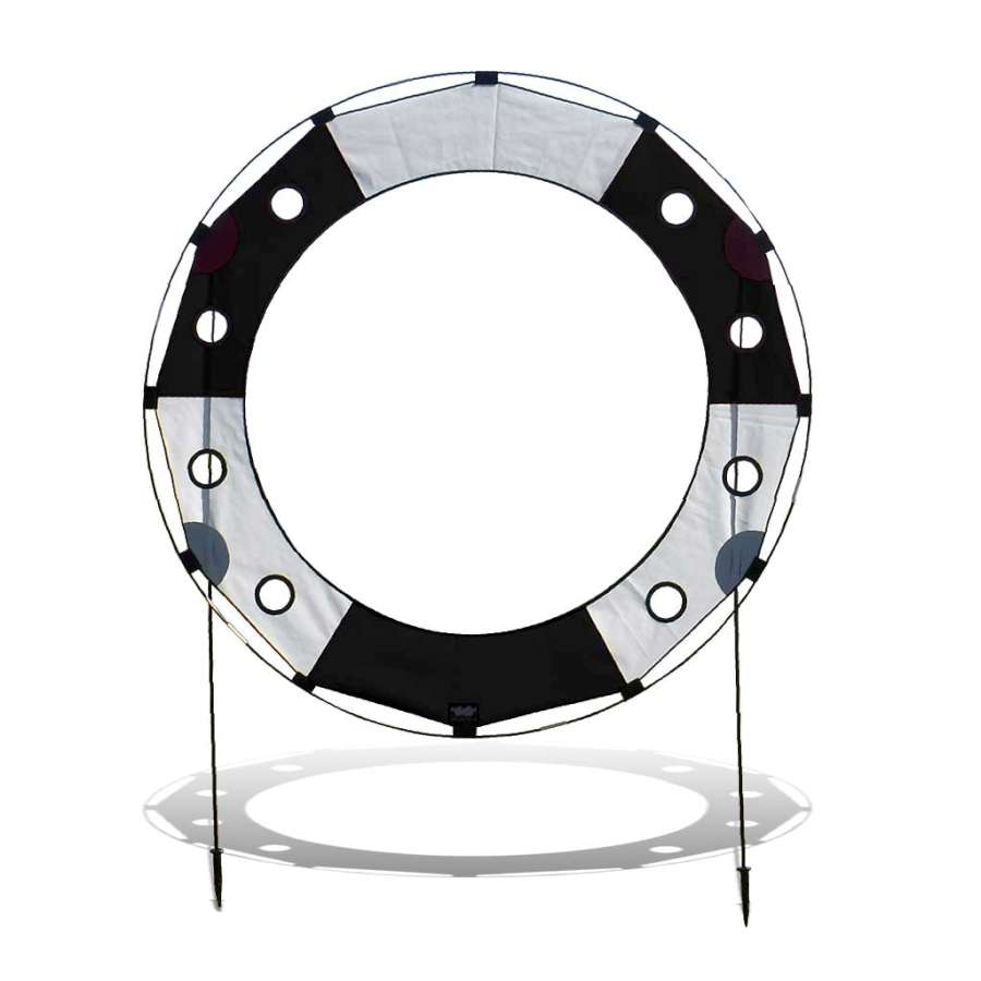 5 ft. Keyhole FPV Racing Air Gate in white and black colors, showcasing its durable design and 7 ft. diameter for optimal drone racing.