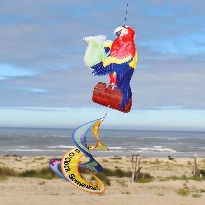 The 5 O'Clock Parrot Theme Duet features a lively parrot design and "It's 5 O'clock Somewhere" text, beautifully spinning in the breeze for delightful garden decor.