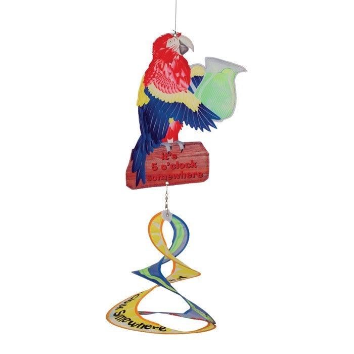 The 5 O'Clock Parrot Theme Duet features a lively parrot design and "It's 5 O'clock Somewhere" text, beautifully spinning in the breeze for delightful garden decor.