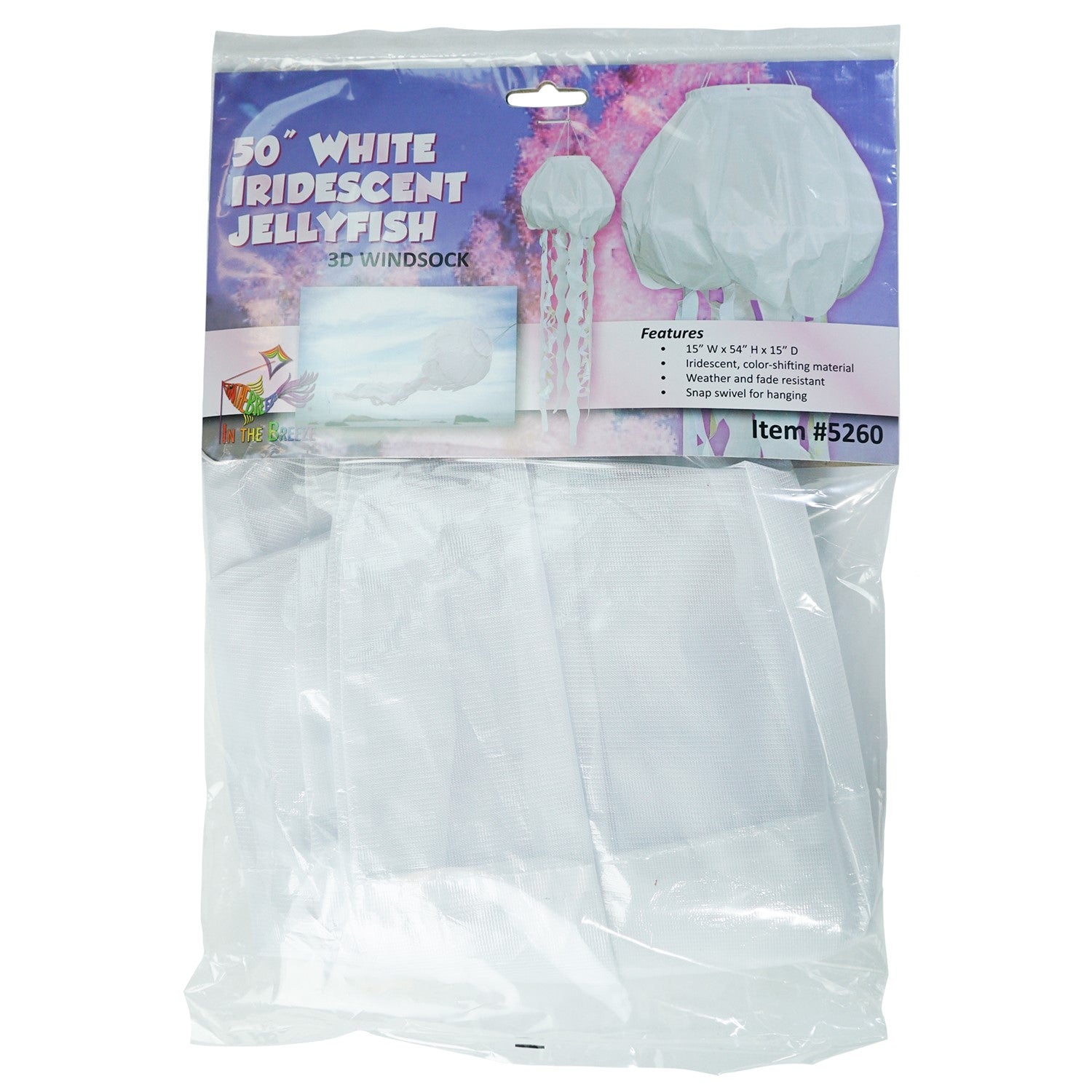 50-inch White Iridescent Jellyfish 3D Windsock with flowing tentacles, displayed outdoors, capturing sunlight with stunning iridescent colors.