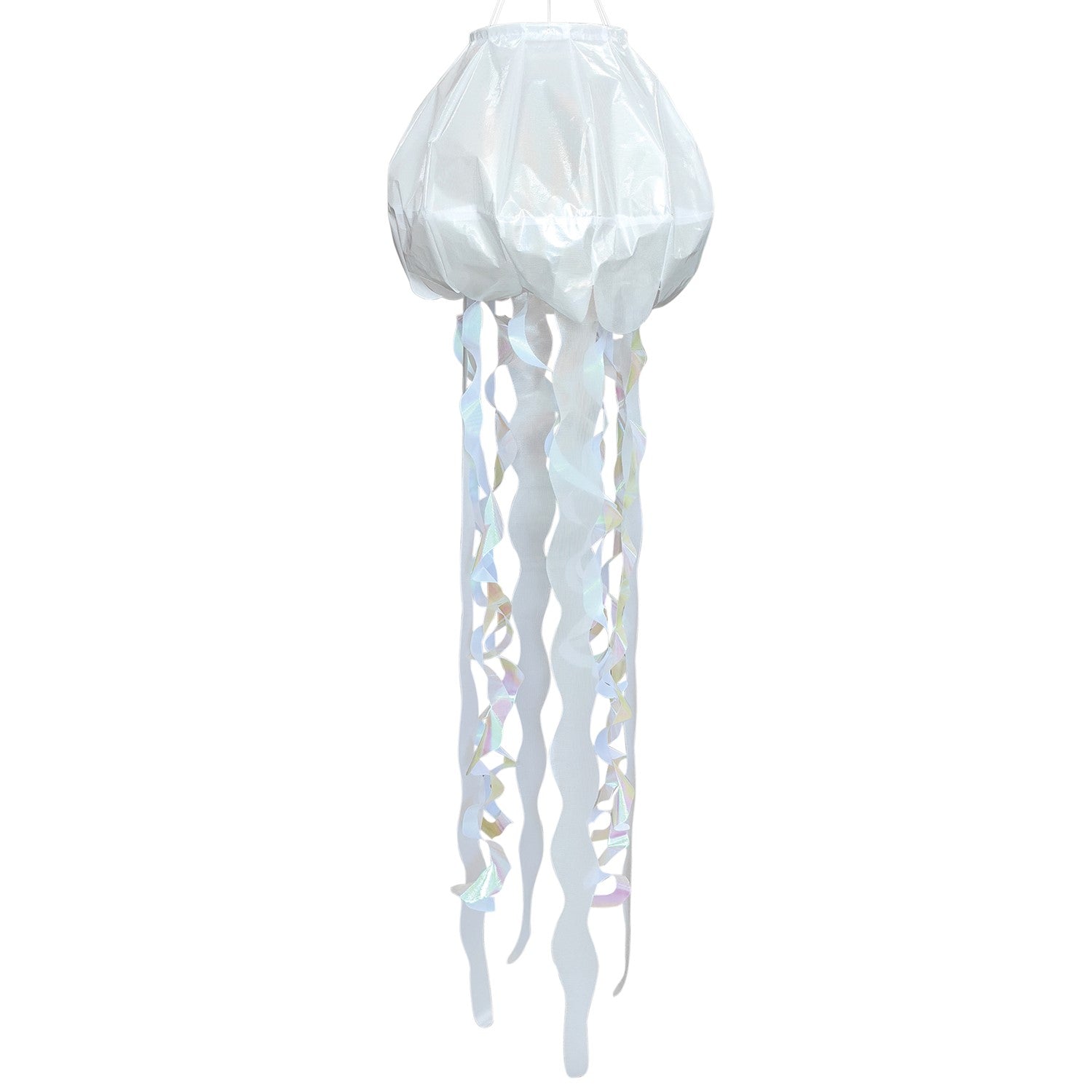 50-inch White Iridescent Jellyfish 3D Windsock with flowing tentacles, displayed outdoors, capturing sunlight with stunning iridescent colors.