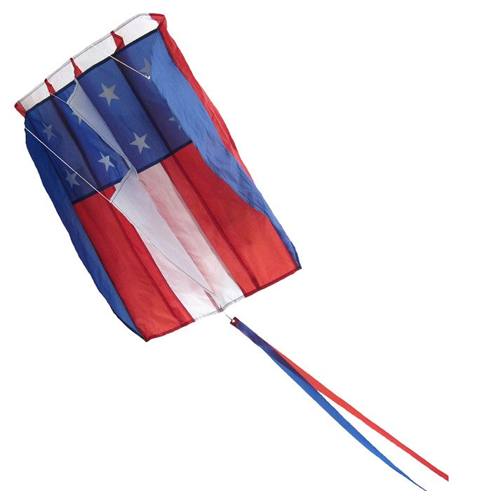 The 5.0 Stars and Stripes Air Foil Kite features vibrant red, white, and blue colors in a stars and stripes design, ready to soar high in the sky with ease.