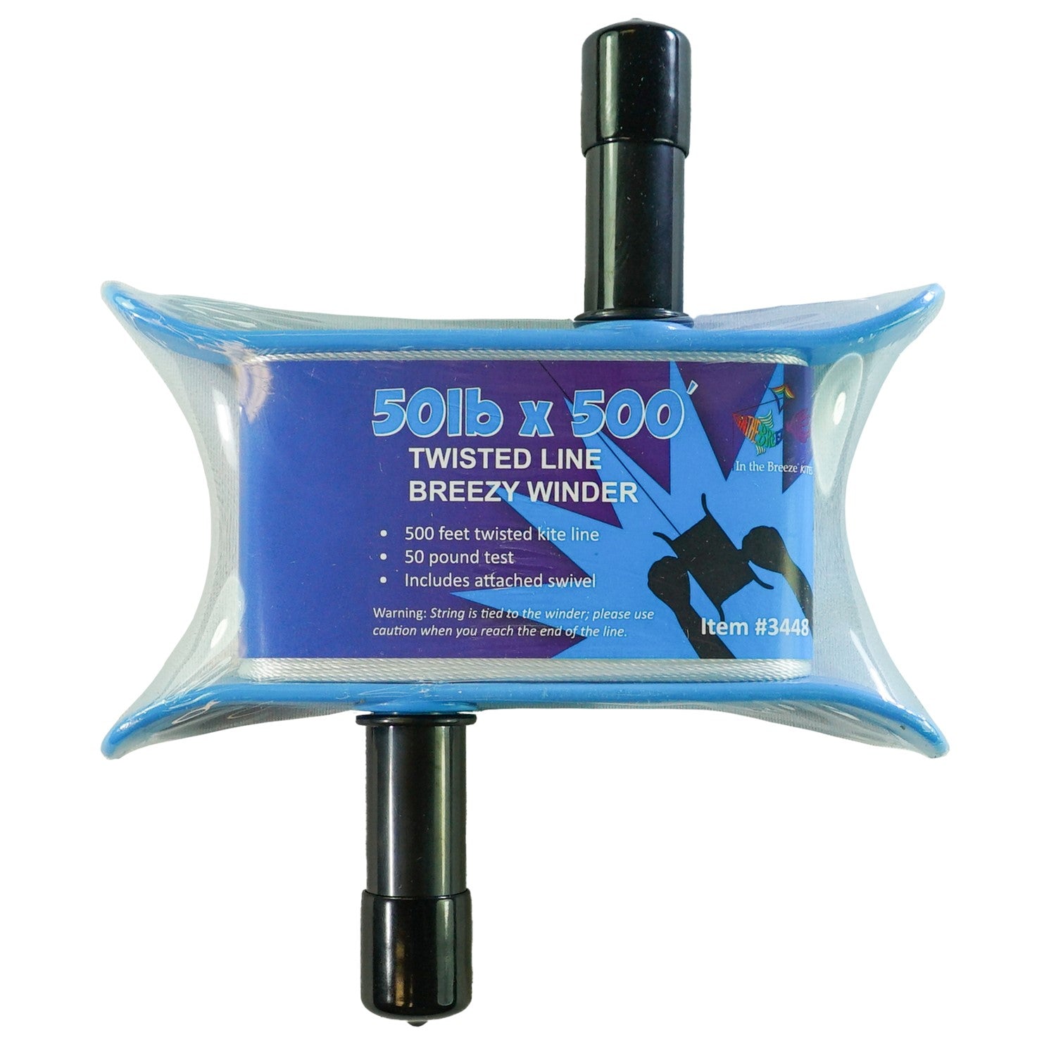 50lb x 500' Twisted Line Breezy WinderTM featuring a durable kite line in aqua color designed for effortless retraction and release, perfect for kite enthusiasts.