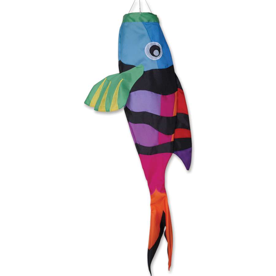 52 in. Rainbow Sergeant Major Fish Windsock hanging outdoors, displaying vibrant colors and a three-dimensional fish design in a breezy setting.
