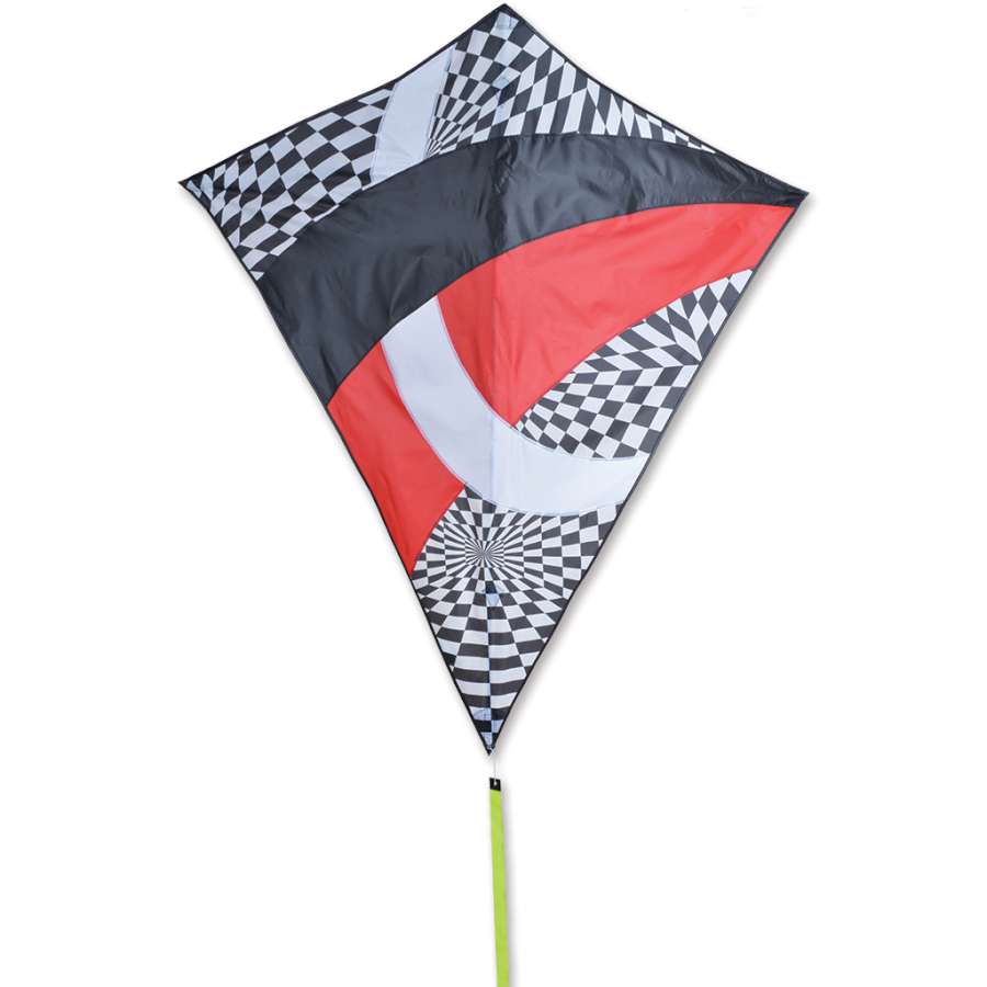 52 in. Travel Diamond Kite - Tecmo Tron soaring in a clear blue sky, showcasing its vibrant design, perfect for outdoor activities.