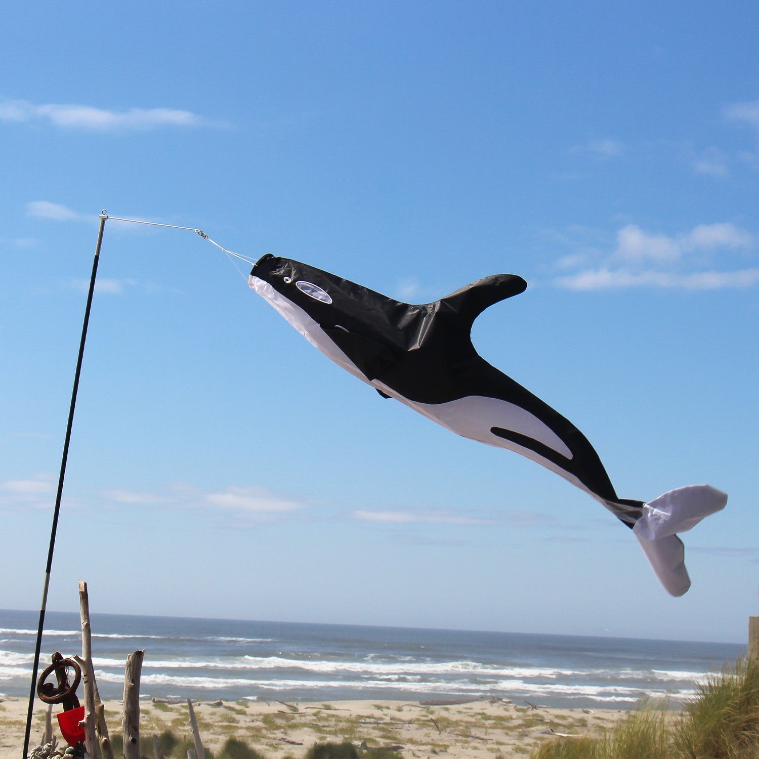 54-inch 3D Orca Windsock with embroidered details, gracefully swimming in the wind, showcasing its vibrant colors in an outdoor setting.