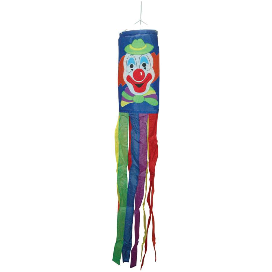 55 in. Clown Windsock measuring 55 inches, showcasing a vibrant clown design hanging in an outdoor garden setting.