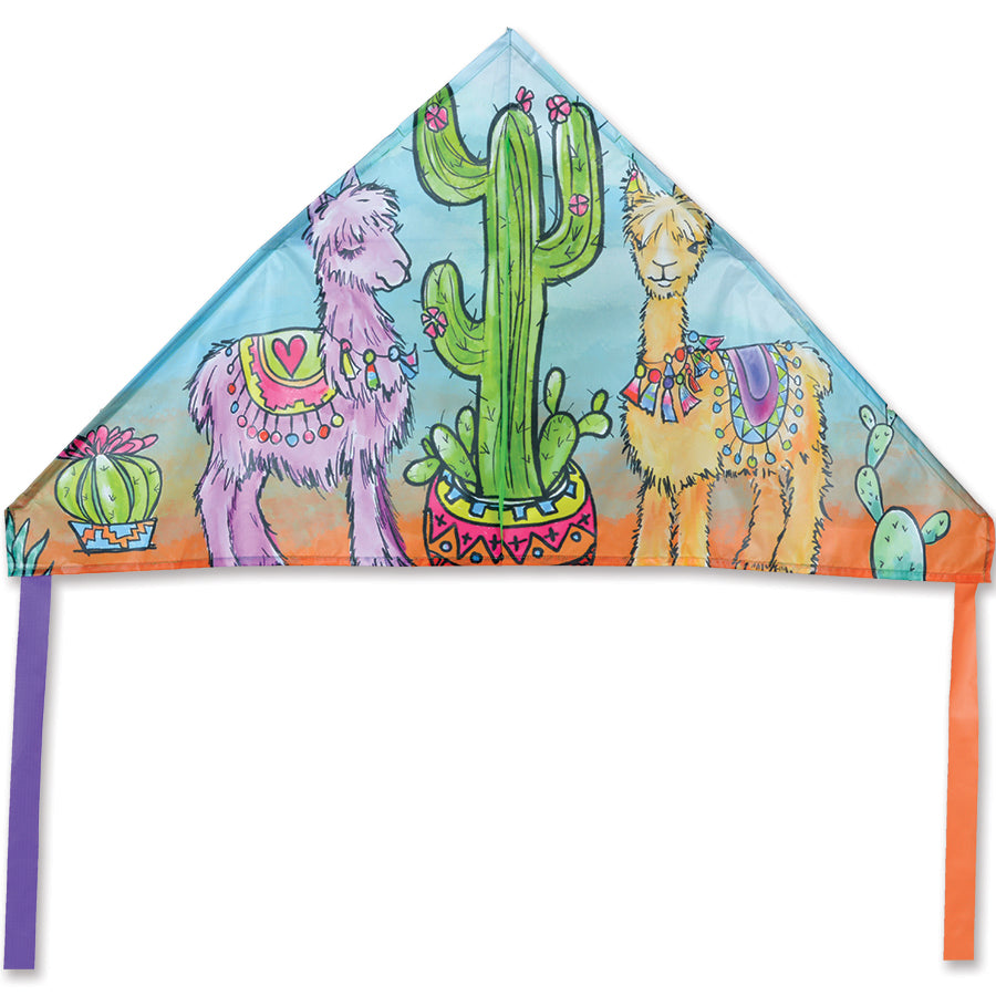 56 in. Delta Kite featuring Alpacas and Cacti design soaring against a clear blue sky, showcasing vibrant colors and easy-flying design.