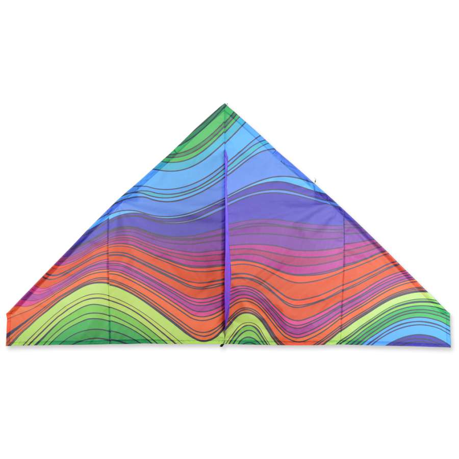 56 in. Delta Kite - Electromagnetic Rainbow soaring against a blue sky, showcasing its vibrant colors and design, perfect for outdoor fun.