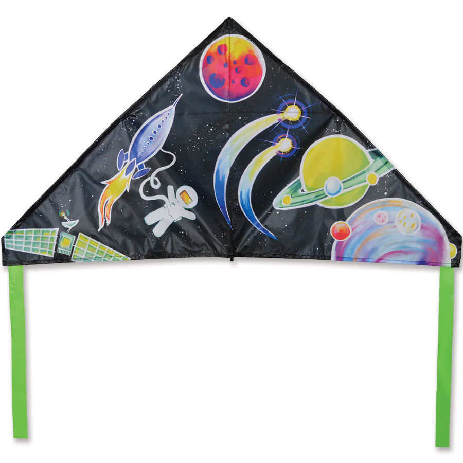 56 in. Delta Kite - Outer Space soaring in a bright blue sky, showcasing colorful outer space graphics, perfect for outdoor use.
