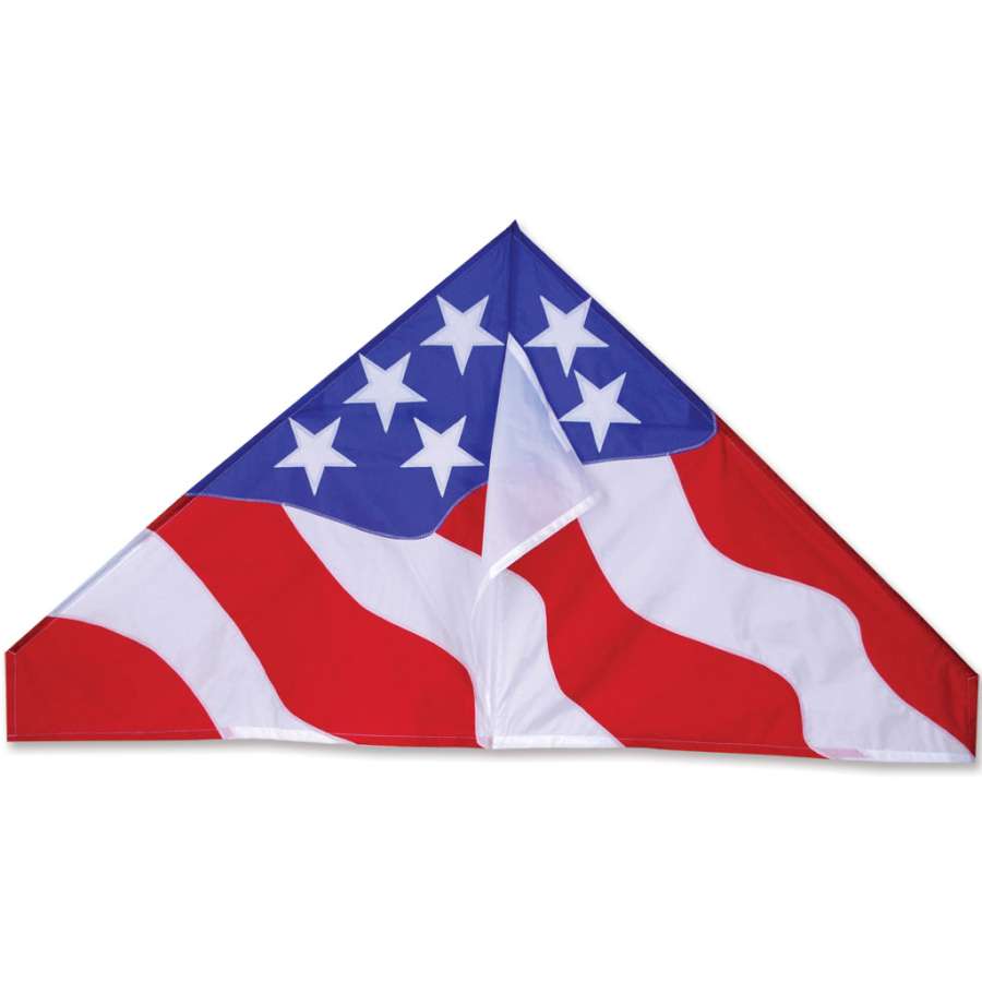 56 in. Delta Kite showcasing vibrant patriotic colors, soaring in the sky with customizable tails and a fiberglass frame, ideal for family fun.