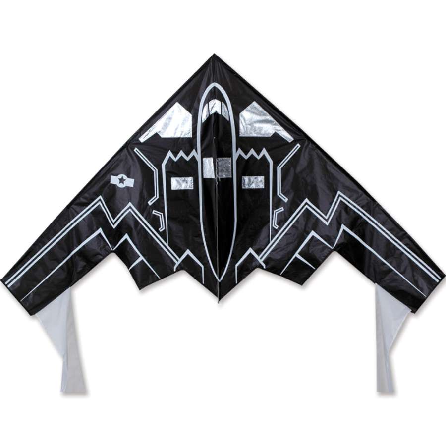 56 in. Delta Kite - Stealth Bomber soaring in the sky, measuring 56 x 28 inches, showcasing durable ripstop polyester construction.
