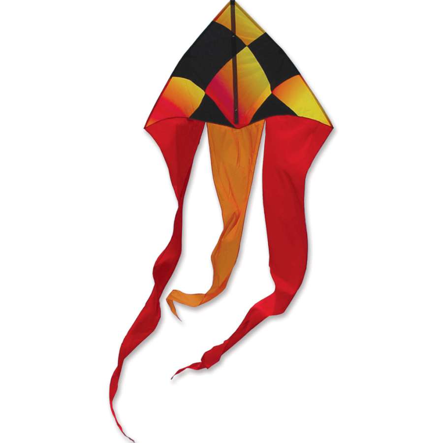 56 in. Flo-Tail Delta Kite in vibrant colors soaring high with long flowing tails, displayed against a blue sky backdrop.