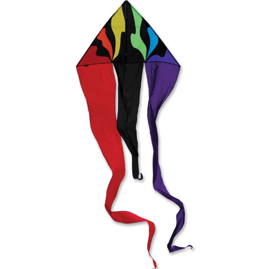 56 in. Flo-Tail Delta Kite - Rainbow showcasing long flowing tails against a clear blue sky, ideal for outdoor kite flying fun.