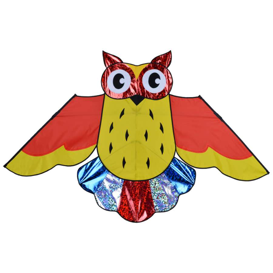 57 in. Holographic Owl Kite featuring a rainbow design soaring against a blue sky, demonstrating its vibrant colors and playful owl shape.