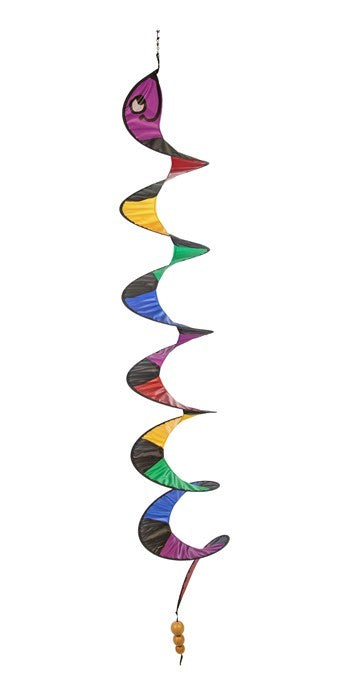 57" Rattlesnake Curlie wind fairy hanging outdoors, displaying vibrant rattlesnake design that spins gently in the breeze.