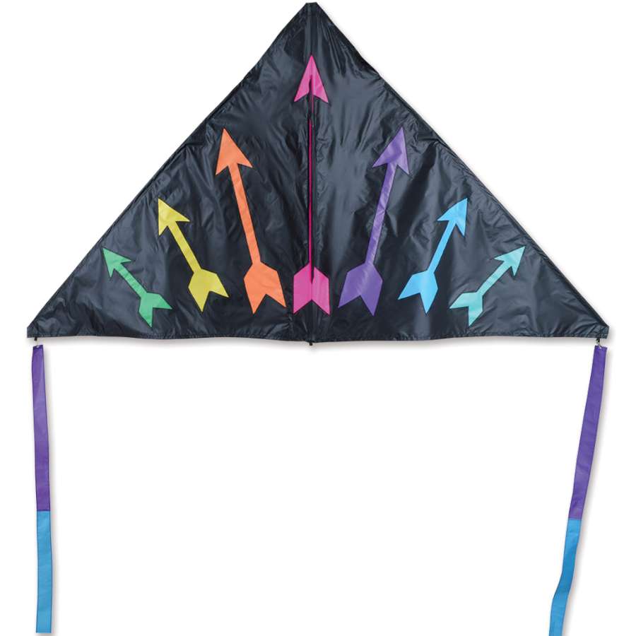 6.5 ft. Delta Kite with vibrant rainbow arrows flying against a clear blue sky, showcasing its stable design and colorful wing-tip tails.