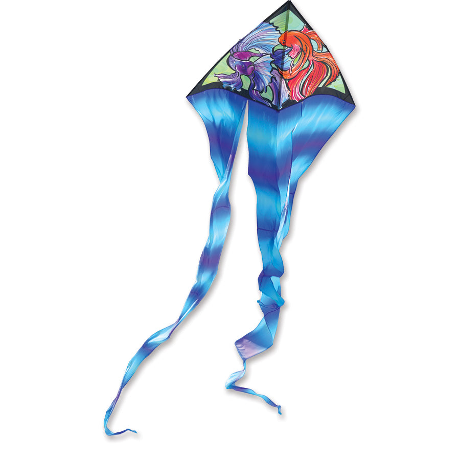6.5 ft. Flo-Tail Delta kite with long flowing tails flying in a clear blue sky, perfect for outdoor recreational activities.