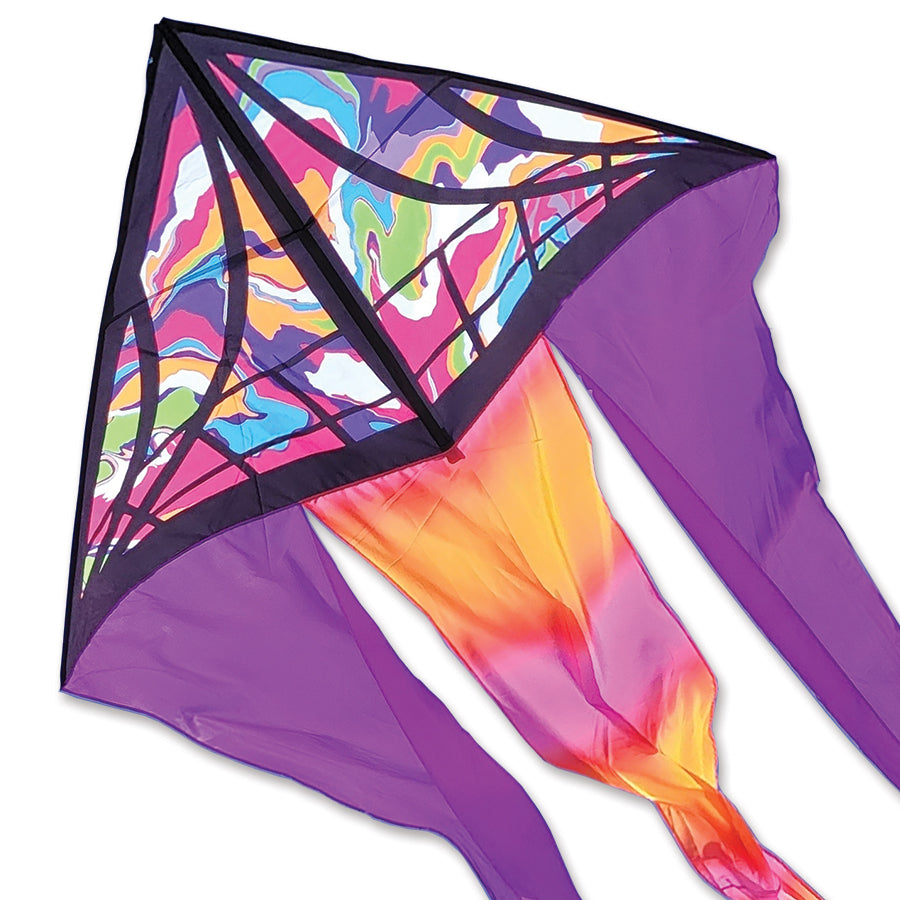 6.5 ft. Flo-Tail Delta kite with marble design soaring high in the sky, showcasing vibrant tails in a light breeze.