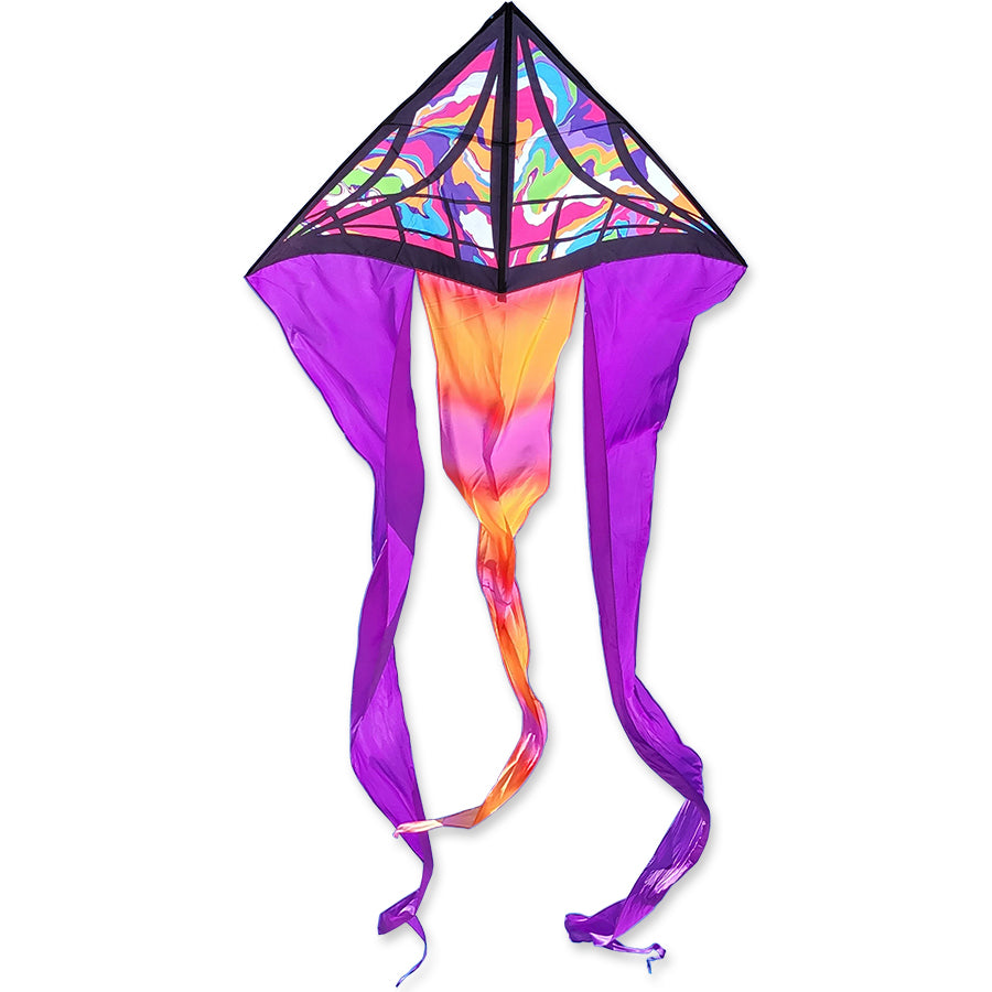 6.5 ft. Flo-Tail Delta kite with marble design soaring high in the sky, showcasing vibrant tails in a light breeze.