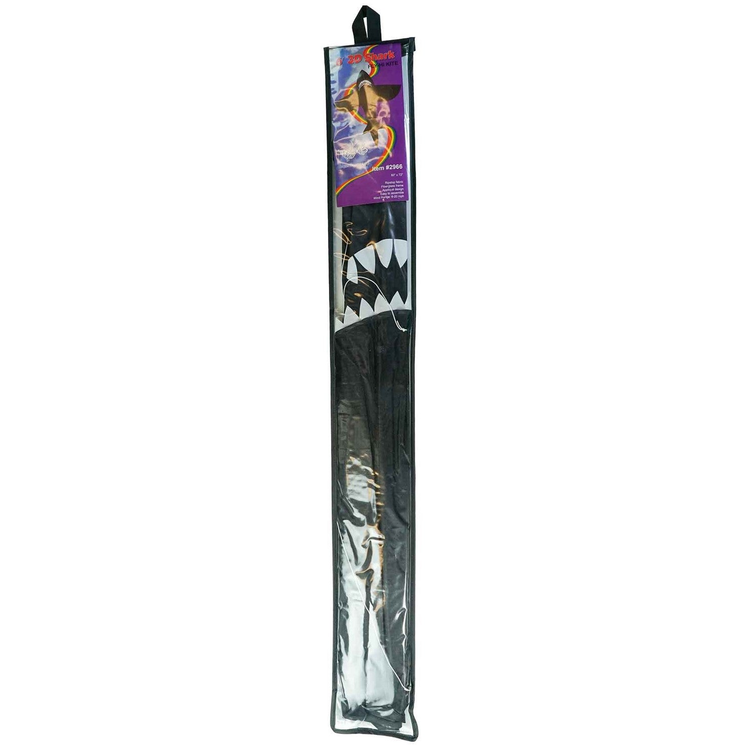 6' 3D Shark Kite with realistic design soaring across a blue sky, featuring tooth-lined jaws and a whipping tail for added excitement.