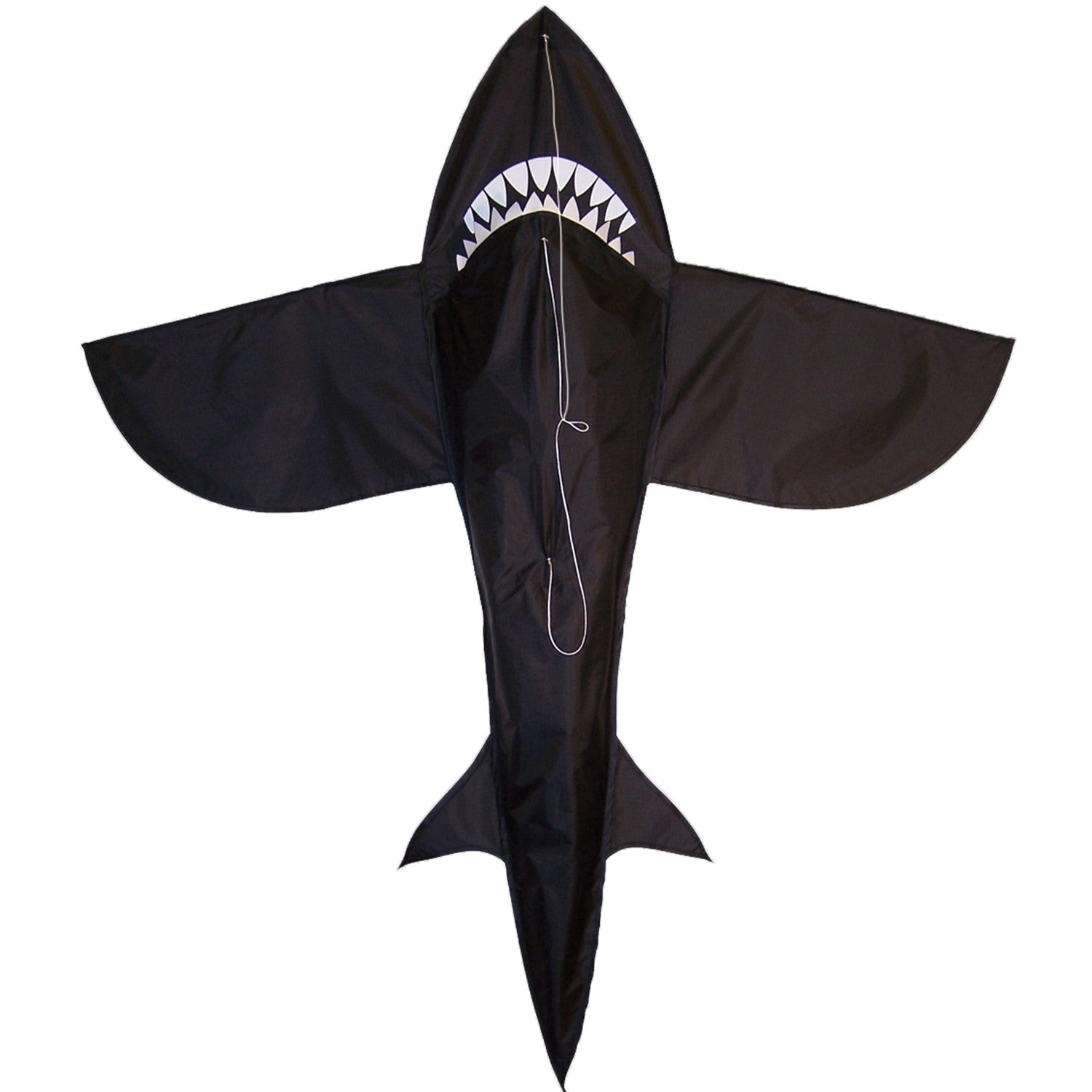 6' 3D Shark Kite with realistic design soaring across a blue sky, featuring tooth-lined jaws and a whipping tail for added excitement.