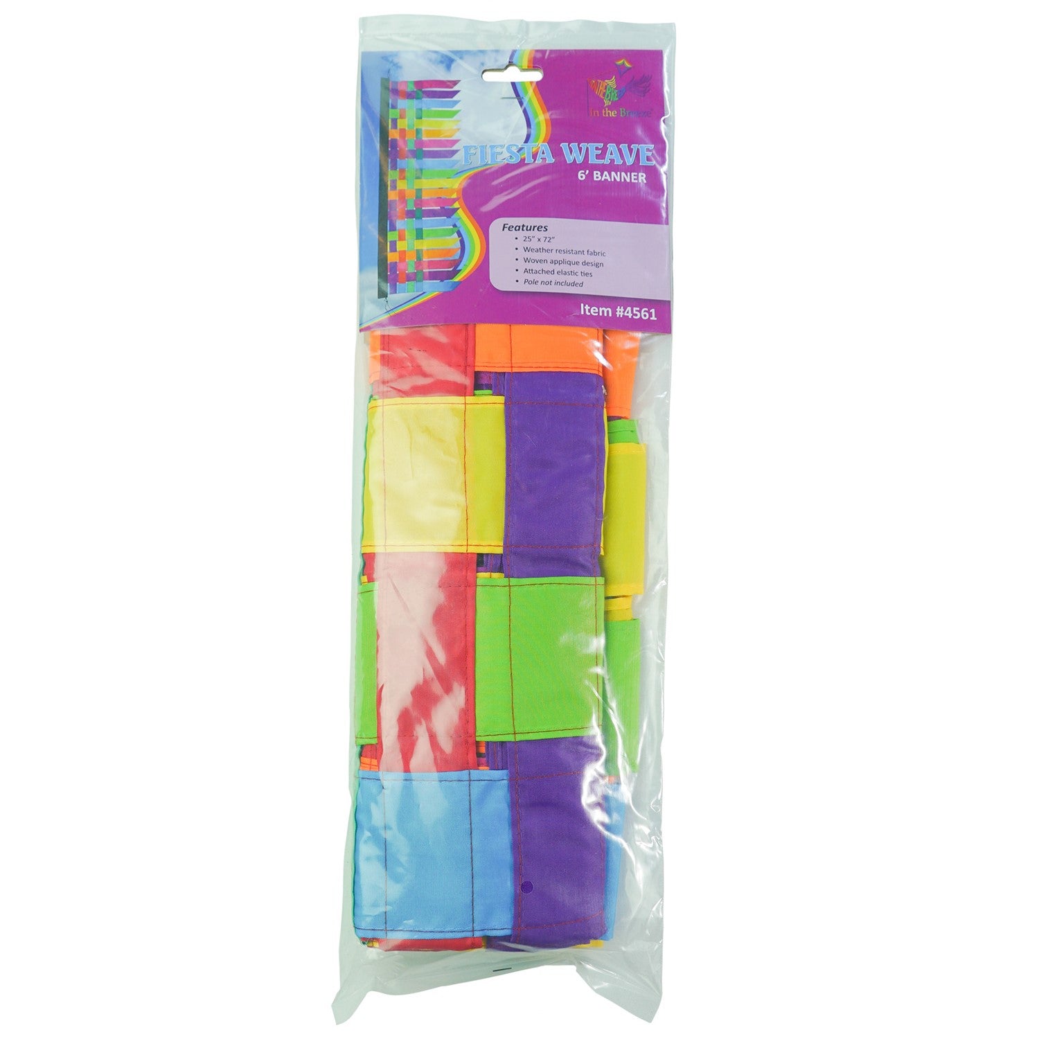 6-foot fiesta weave banner featuring interwoven strips of vibrant colors, draping elegantly with tails that sway in the wind, enhancing any event or store.