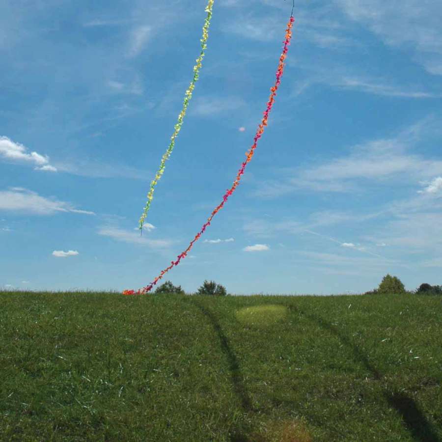 6 in. x 24 ft. Fuzzi Tail in a bright green gradient, fluttering gracefully behind a kite against a blue sky.