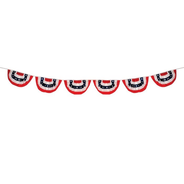 6-Panel Patriotic Pleated Fan Bunting String displaying red, white, and blue stars and stripes, hanging outdoors for a festive occasion.