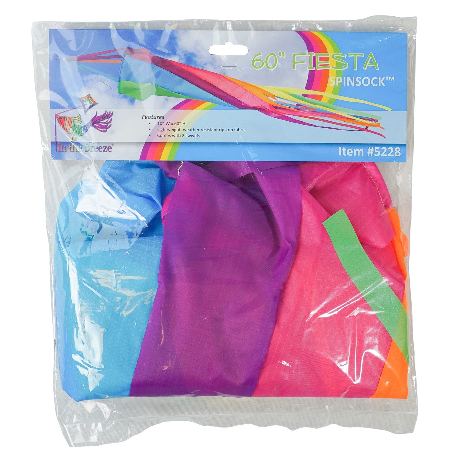 60" Fiesta Spinsock in vibrant colors, spinning elegantly in the breeze, designed to enhance outdoor decor.