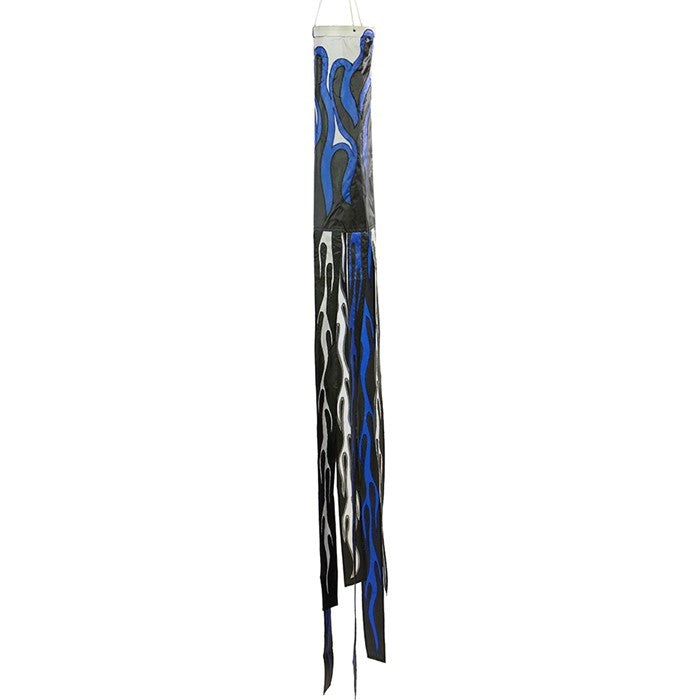 60" Ice Flame Windsock in vibrant colors, designed for motorsport enthusiasts, fluttering in an outdoor setting.