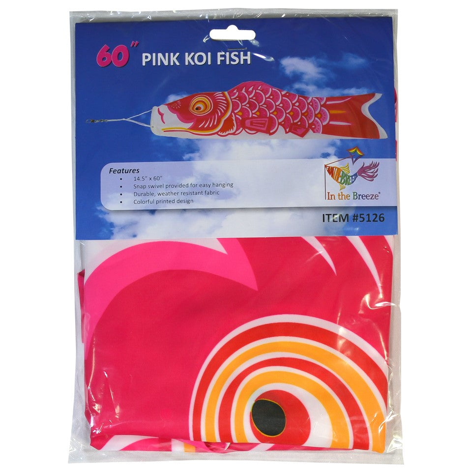 60-inch Pink Koi windsock with beautiful detail, displayed gracefully in an outdoor garden setting, adding color to the space.