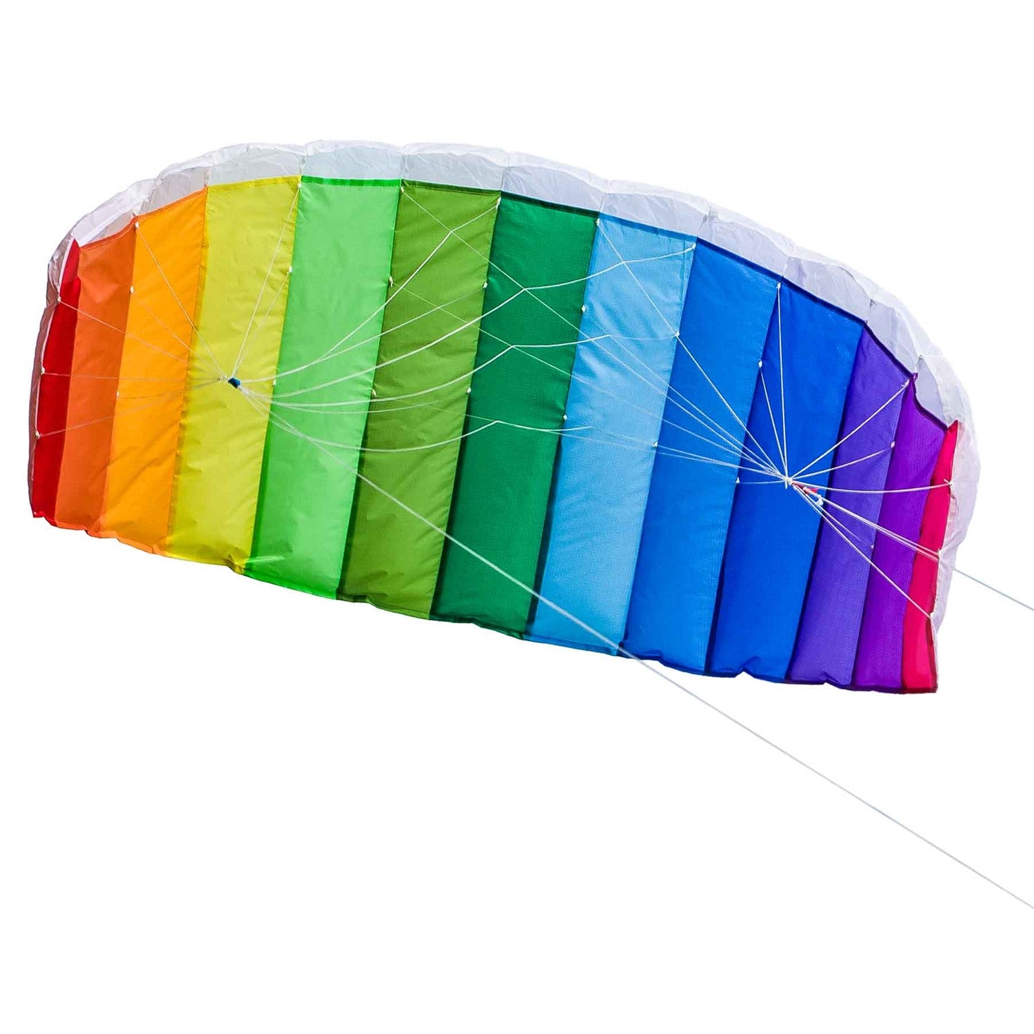 62-inch Sport Air Foil kite in rainbow colors soaring against a clear blue sky, demonstrating its aerodynamic design and double-line setup.