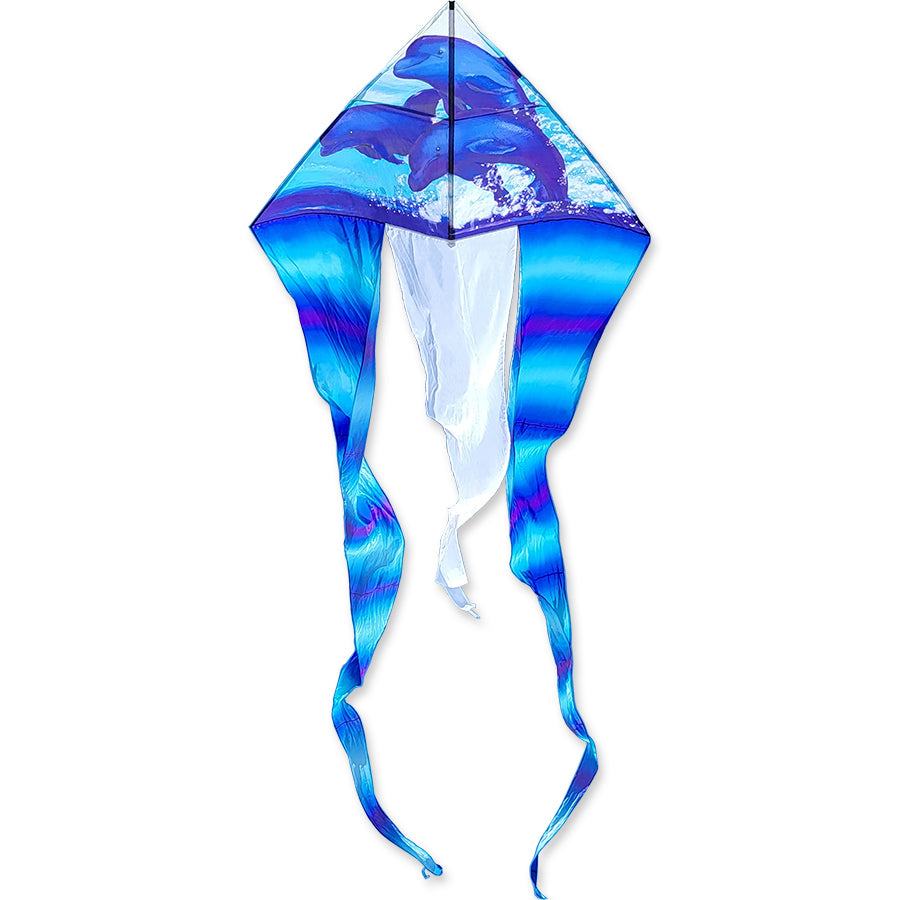 6.5 ft. Flo-Tail Delta Kite in a dolphin design soaring in a clear blue sky with long flowing tails showcased in a park setting.