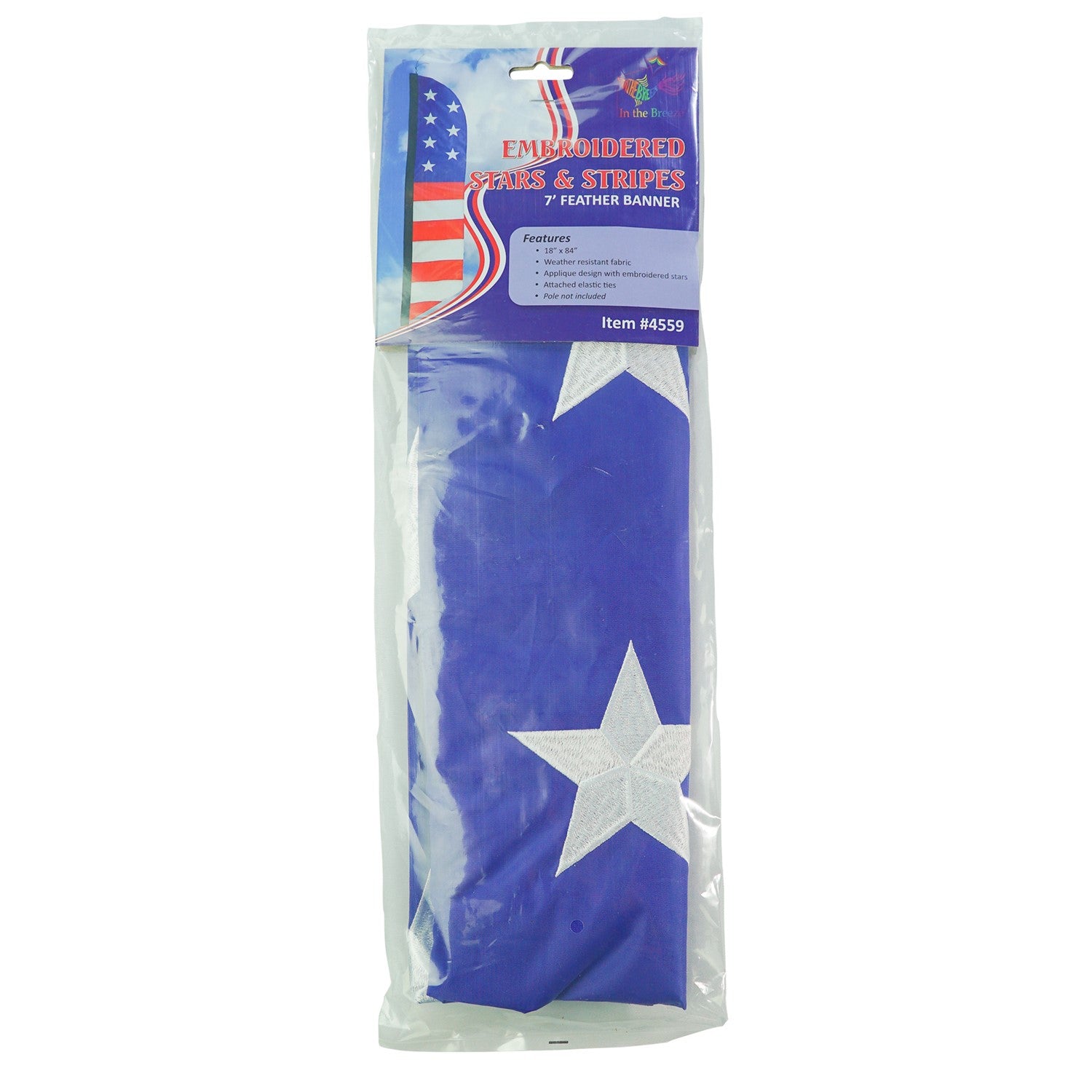 7-foot Embroidered Stars & Stripes Feather Banner featuring bold colors and embroidered stars displayed prominently outdoors at an event.