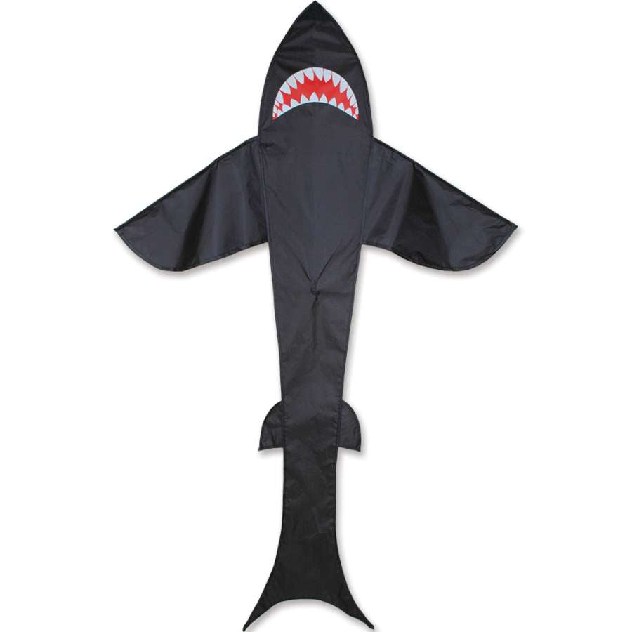 7 ft. Shark Kite soaring in the sky, featuring a sleek design with a curved head, showcasing its vibrant rip-stop polyester material.